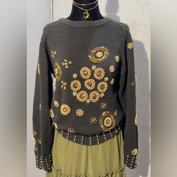 Medium Vintage Chunky Black Sweater with Gold‎ Beading Winter Fall NYE Party - Picture 1 of 9